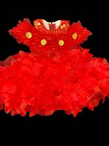 Red colour netting based beautiful kids gown