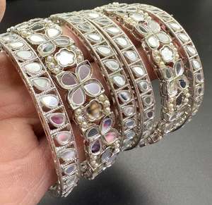Oxidised Bracelets Bangles: Silver colour Mirror work bangles set (price per pack)