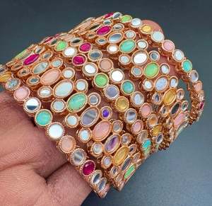Rosegold with multi color mirror work bangles set (price per pack)