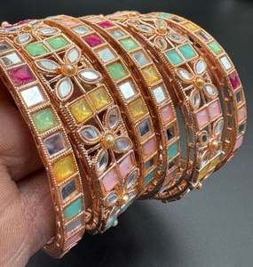 Rosegold with multi color mirror work bangles set (price per pack)