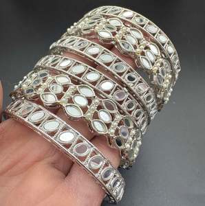 Oxidised Bracelets Bangles: Silver colour Mirror work bangles set (price per pack)