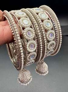 Pearls with mirror work design oxidised bangles set with latkan (price per set)