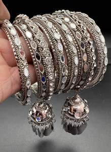 Oxidised Bracelets Bangles: Jerkan stone work design oxidised bangles with latkan set (price per set)4 bangles in one set