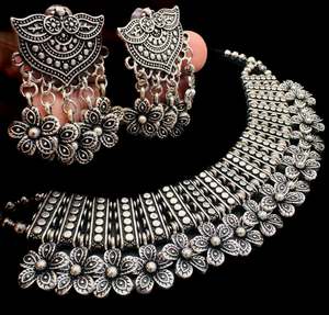 Oxidised Necklace: Beautiful work oxidised necklace with earrings