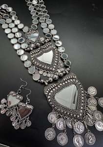 Oxidised Necklace: Beautiful work oxidised heavy necklace with earrings