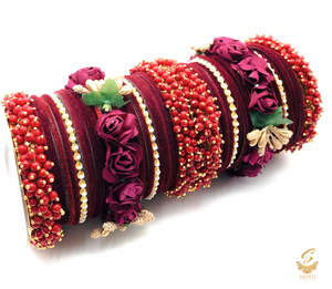 Bangles: Mahogany MAroon colour velvet bangles with pearl & Floral Kade beautiful bridal set