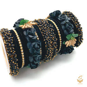 Bangles: Black colour velvet bangles with pearl & Floral Kade beautiful bridal set