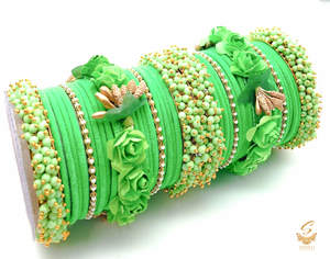 Bangles: Lime green colour velvet bangles with pearl & Floral Kade beautiful bridal set