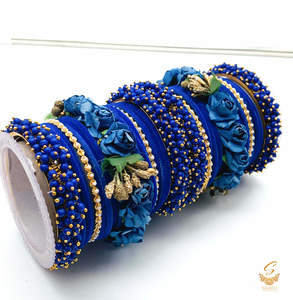 Bangles: Deep Blue colour velvet bangles with pearl & Floral Kade beautiful bridal set