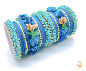 Bangles: Deep Firozi colour velvet bangles with pearl & Floral Kade beautiful bridal set