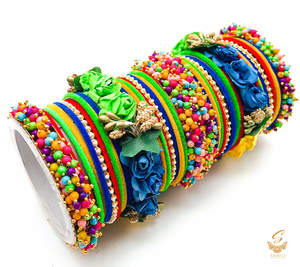 Multicoloured velvet bangles with pearl & Floral Kade beautiful bridal set