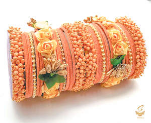 Bangles: Pastel Peach colour velvet bangles with pearl & Floral Kade beautiful bridal set