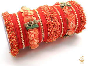 Bangles: Dark Orange colour velvet bangles with pearl & Floral Kade beautiful bridal set