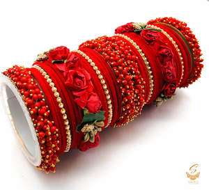 Bangles: Red colour velvet bangles with pearl & Floral Kade beautiful bridal set