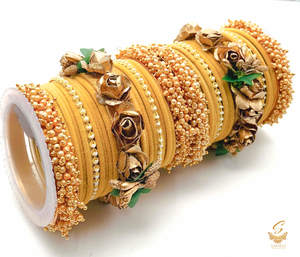 Bangles: Golden Biscotti colour velvet bangles with pearl & Floral Kade beautiful bridal set