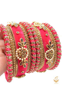 Hot Pink colour Ethnic Handmade thread with velvet & kundan Stone Beautiful bangles set