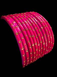 Glass Bangles: Hot Pink color with stone work beautiful Glass Bangles (1 Dozen in 1 pack ) Price per pack