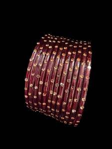 Glass Bangles: Maroon color with stone work beautiful Glass Bangles (1 Dozen in 1 pack ) Price per pack