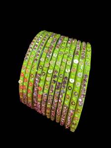 Glass Bangles: Lime Green color with stone work beautiful Glass Bangles (1 Dozen in 1 pack ) Price per pack