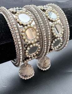Mirror work Silver metal oxidised bangles with latkan set (price per pack)