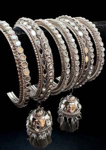 Mirror work Silver metal oxidised bangles with latkan set (price per pack)