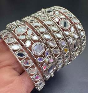 Bangles Set: Silver colour Mirror work bangles set (price per pack)