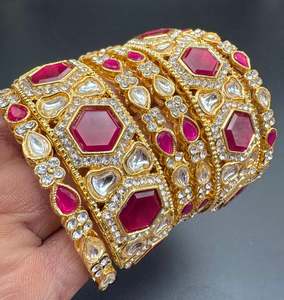 Bangles Set: Kundan and Ruby stones work gold color bangles set (price per pack)