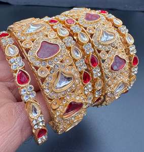 Bangles Set: Kundan and Ruby stones work gold color bangles set (price per pack)