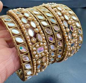 Golden colour Mirror & pearls work bangles set (price per pack)