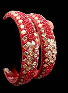 Brass Bangles: Beautiful red stone with Crystal stone designer Brass kade set (customised with plain Velvet or Metal Bangles )
