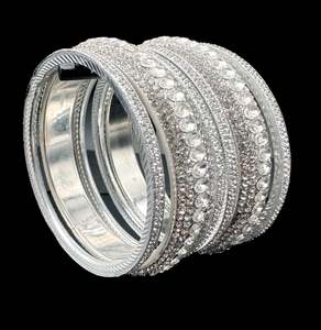 Brass Bangles: Beautiful silver fine stone with Crystal stone designer Brass Bangles set (customised with plain Velvet or Metal Bangles )