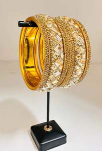 Brass Bangles: Beautiful Golden fine stone with Crystal stone floral designer Brass Bangles set (customised with plain Velvet or Metal Bangles )