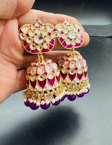 Bigger size Kundan Stone With Pearls Work Beautiful Meenakari Jhumka