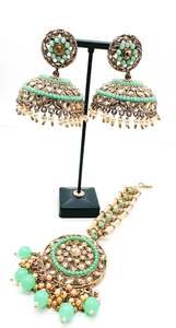 Golden stone work with pearls work beautiful Jhumka Balian big size with Tikka