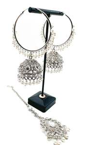 Balian Jhumka Balian: Silver stone with pearls work beautiful Jhumka Balian big size with Tikka