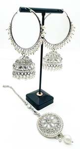 Balian Jhumka Balian: Silver stone with pearls work beautiful Jhumka Balian big size with Tikka