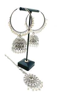Silver stone with pearls work beautiful Jhumka Balian big size with Tikka