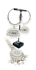 Balian Jhumka Balian: Silver stone with pearls work beautiful Jhumka Balian big size with Tikka
