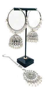 Silver stone with pearls work beautiful Jhumka Balian big size with Tikka