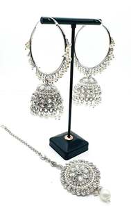 Balian Jhumka Balian: Silver stone with pearls work beautiful Jhumka Balian big size with Tikka