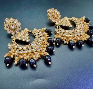 Kundan with black pearls work design earrings