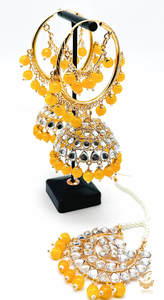 Earrings With Tikka: Mustard Pearls with Kundan stone beautiful jhumka balian with tikka