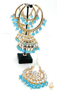 Skyblue Pearls with Kundan stone beautiful jhumka balian with tikka
