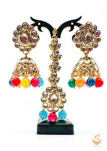 Multicoloured Pearls with kundan stone beautiful Jhumka with tikka set
