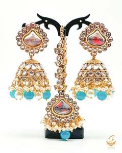 Teal & White Pearls with kundan stone beautiful Jhumka with tikka set