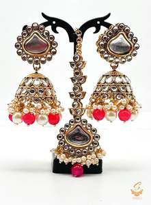 Earrings With Tikka: Ruby & White Pearls with kundan stone beautiful Jhumka with tikka set