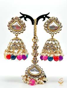 Multicoloured & White Pearls with kundan stone beautiful Jhumka with tikka set