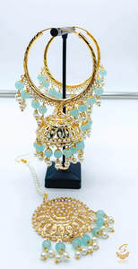 PAstel blue pearls work Jadau work Beautiful jhumka balian with tikka set