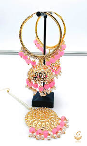 Bubblegum Pink pearls work Jadau work Beautiful jhumka balian with tikka set