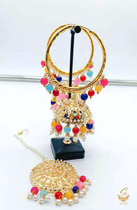 Earrings With Tikka: Multicolour pearls work Jadau work Beautiful jhumka balian with tikka set